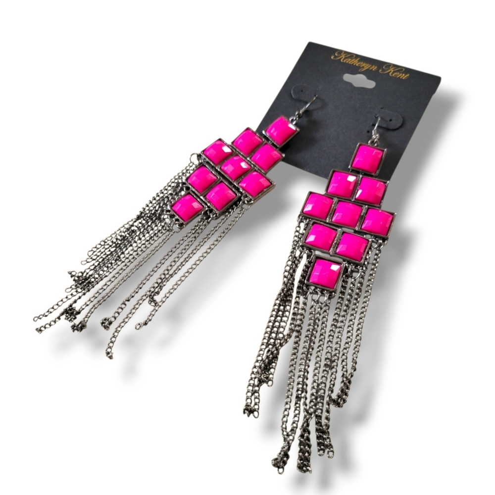 Katheryn Kent | NWOT Gunmetal Hot Pink Geo Stone Tassel Dangle Earrings